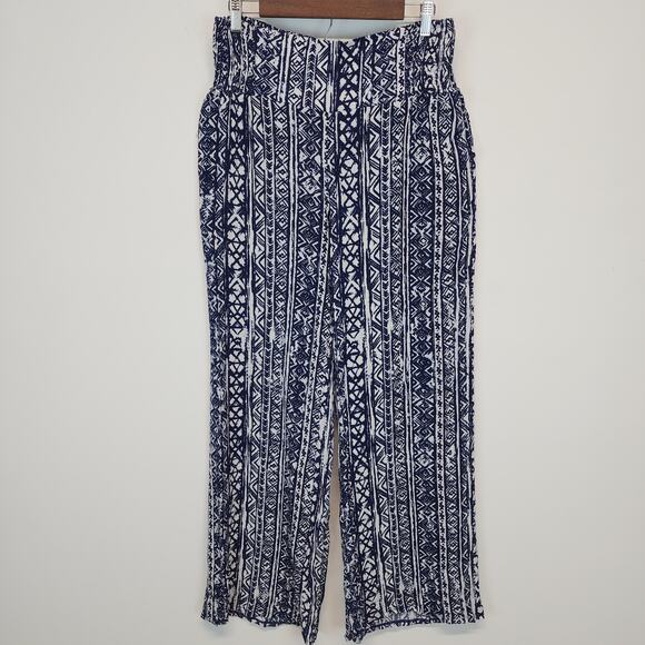 Three Dots Wide Leg Pants Size L Abstract Blue Elastic Waist Textured Rayon Vaca - Picture 1 of 14